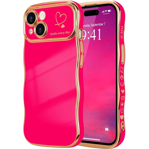 MYKOMI for iPhone 15 Case for Women Girls, Cute Wave Frame Curly Shape with Love Heart Pattern Raised Camera Protection Cover Luxury Plating Shockproof Phone Case for iPhone 15