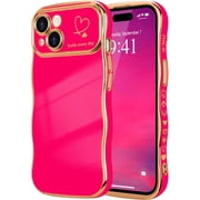MYKOMI for iPhone 15 Case for Women Girls, Cute Wave Frame Curly Shape with Love Heart Pattern Raised Camera Protection Cover Luxury Plating Shockproof Phone Case for iPhone 15