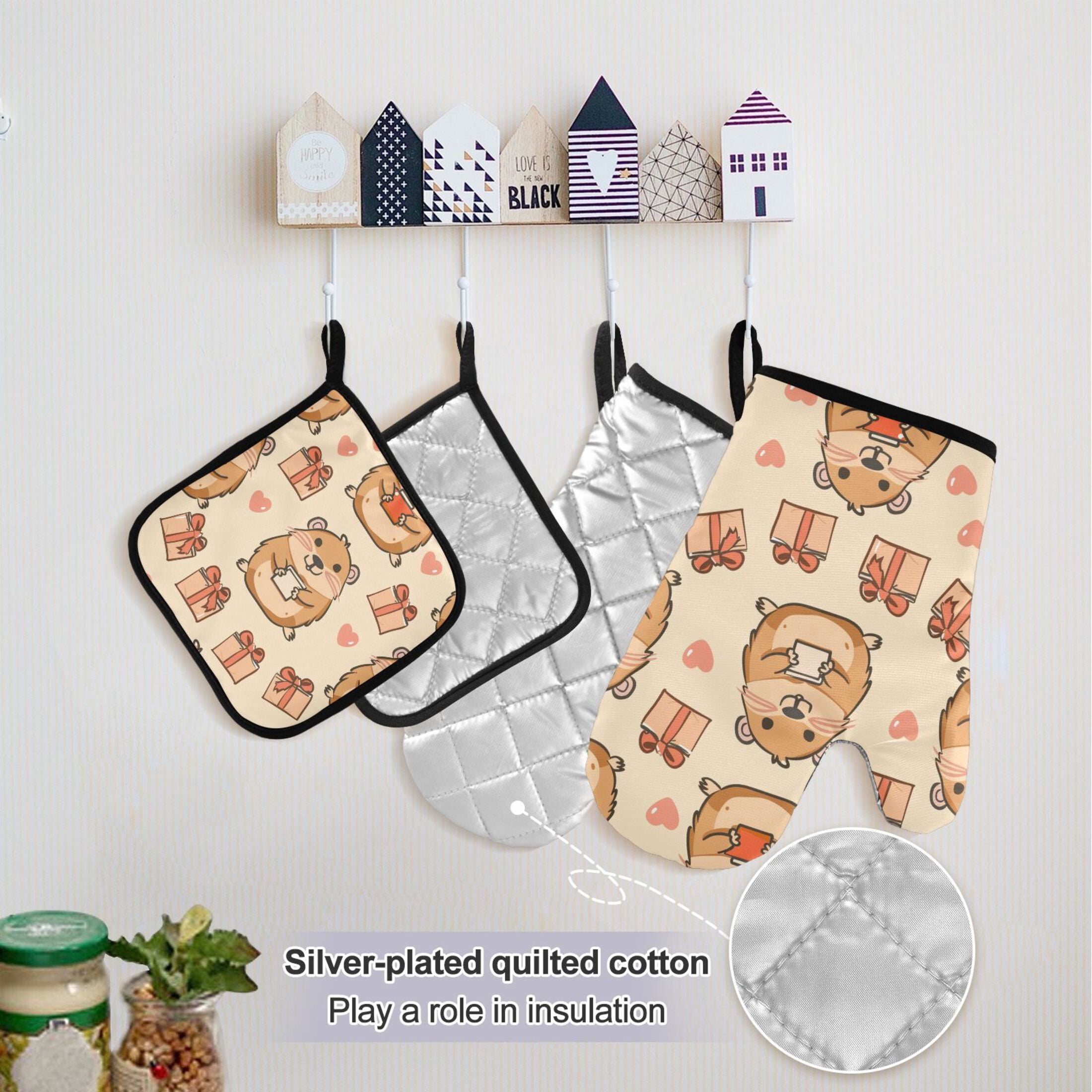 5 Pcs Kitchen Set Heat Resistant Oven Mitts and Non-Slip Pot Holders with Adjustable Cooking Apron Capybara Holding Gift
