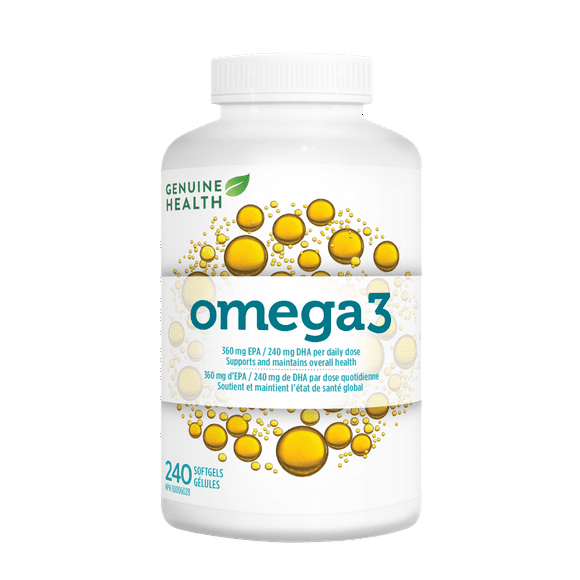Genuine Health Omega3+ Daily, 240 softgels, 360mg EPA, 240mg DHA, Supports healthy heart and brain function, Wild-caught, Non-GMO