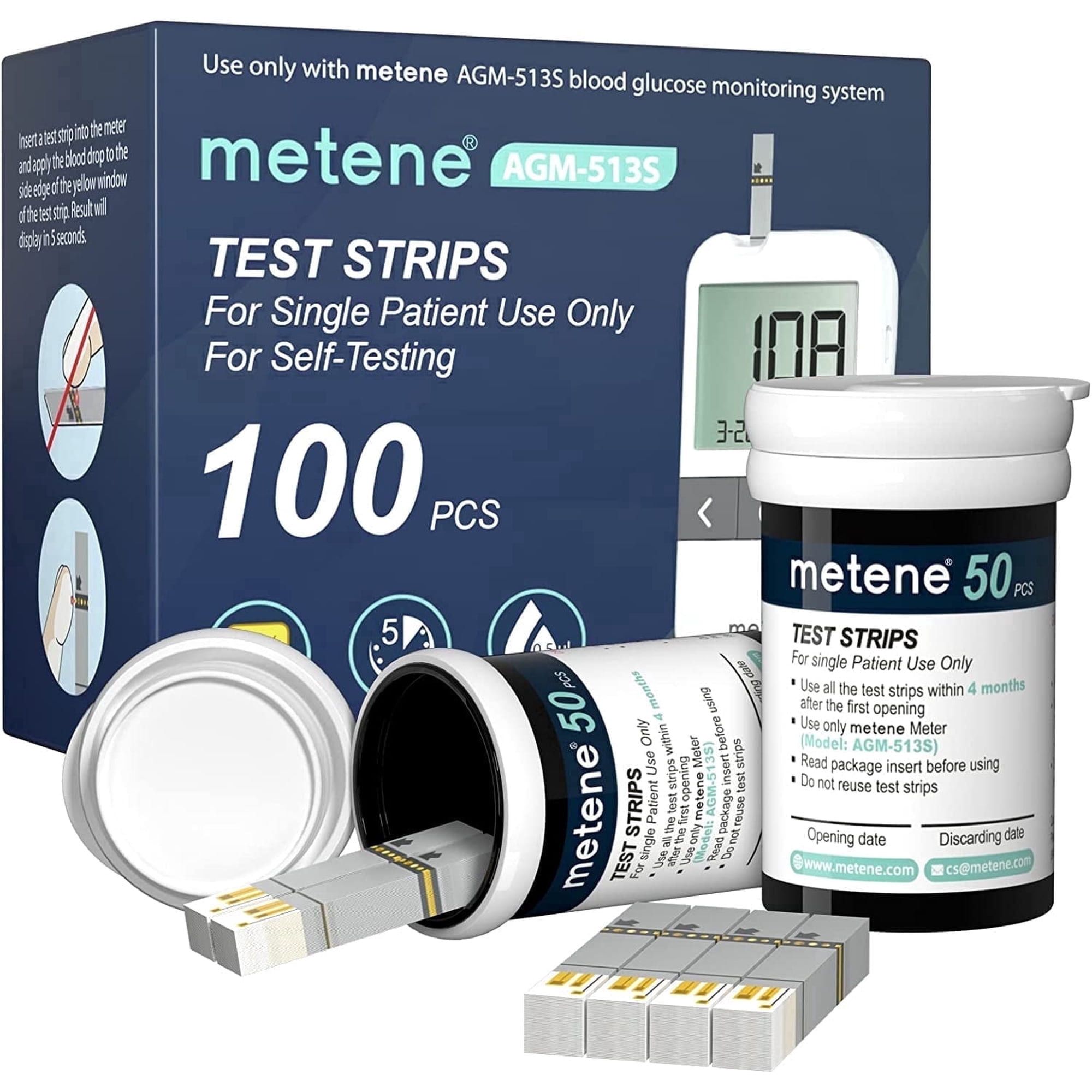 Metene 100 Count Test Strips, Use with AGM-513S Blood Glucose Monitor Only