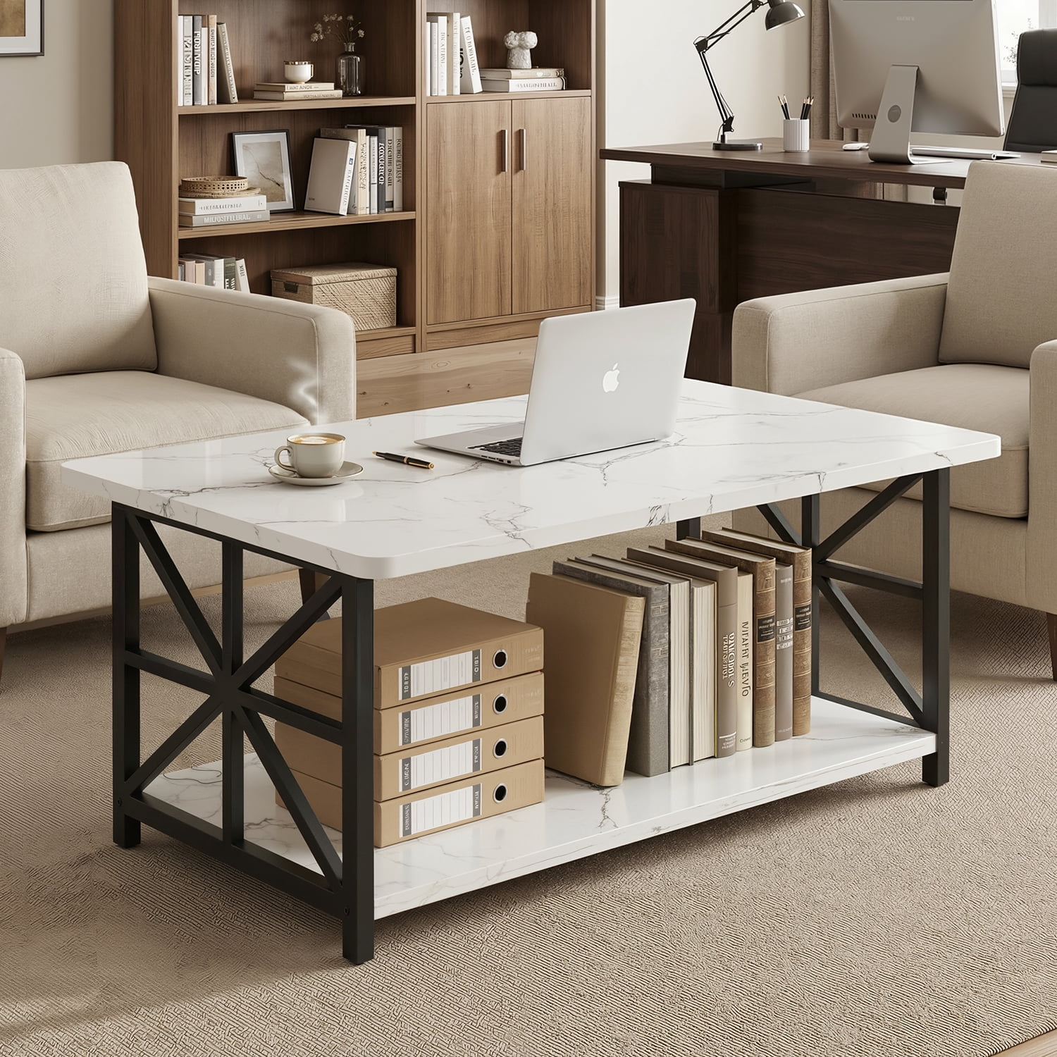 Baxluxe Faux Marble Coffee Table with Storage Shelves, 2-Tier Storage Rectangular Living Room Center Table, Metal Base Sturdy Modern Coffee Tea Table for Living Room, Apartment, Office, White
