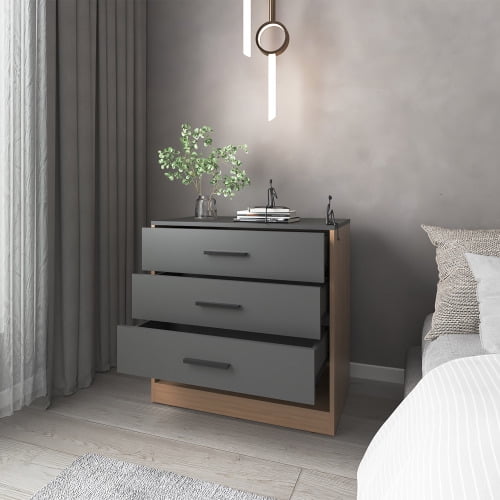 Cterwk 3 Drawer End Table Beside Table with Open Shelf, Wood Nightstand for Living Room, Bedroom, Gray Brown