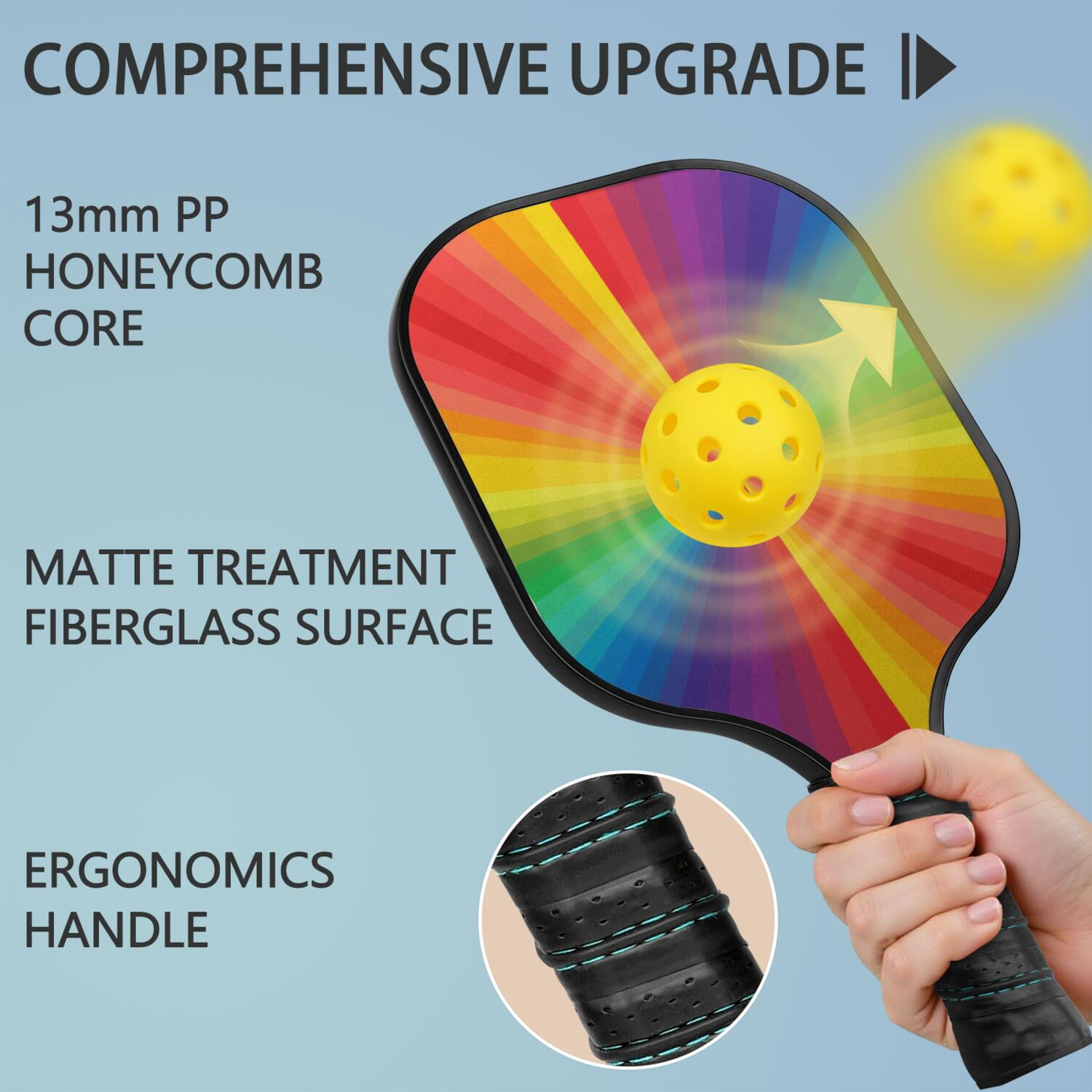 Pickleball Paddles Set Of 1, Fiberglass Surface, Vibrant Rainbow Print, 1 Paddle, 2 Balls & Bag