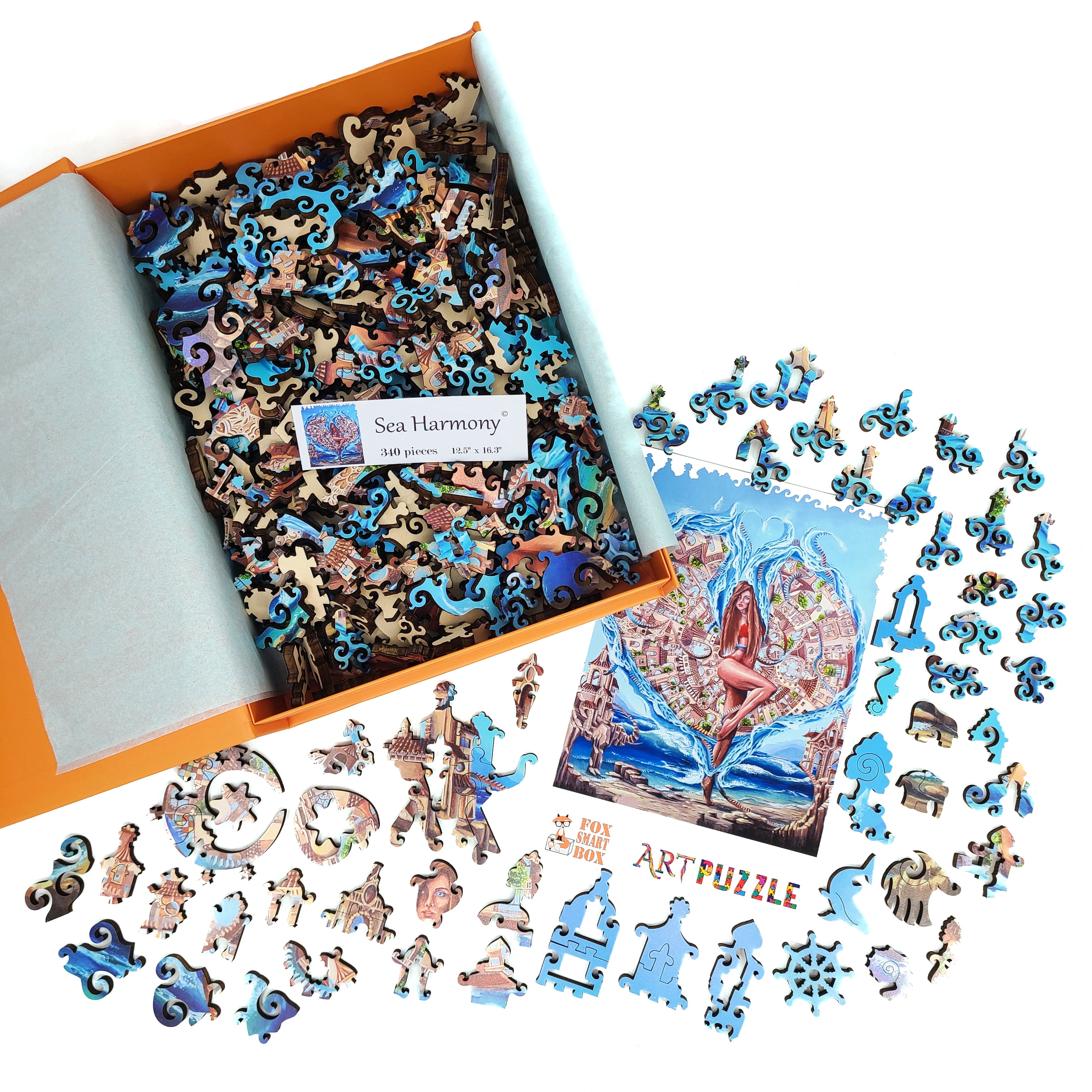 Wooden Jigsaw Puzzles for Adults - Uniquely Shaped Pieces - made in USA by FoxSmartBox - 340 Pieces - Sea Harmony