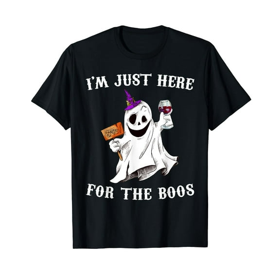 I'm Just Here For The Boos Shirt Funny Halloween Ghost Wine Black T-Shirt