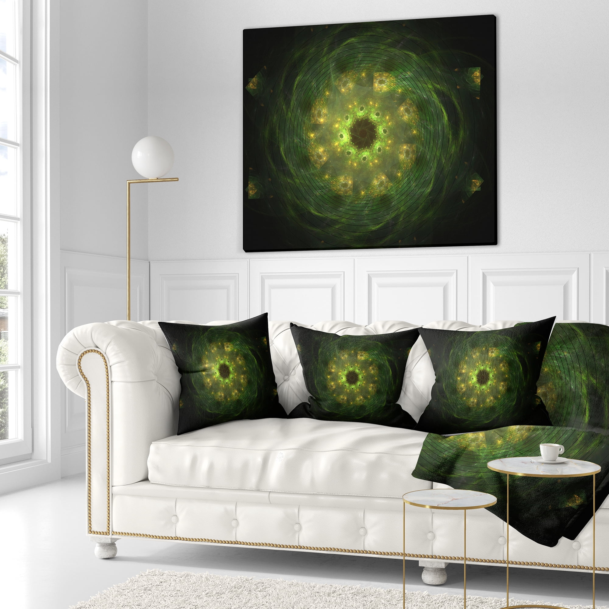 Designart Bright Green Fractal Flower in Black - Floral Throw Pillow - 18x18