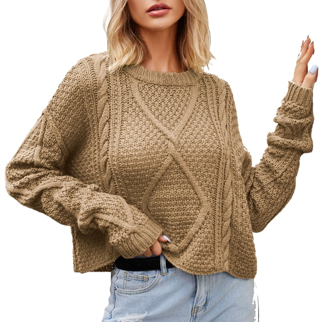 Mrat Chandail d'Automne à Col Rond pour Femmes, Chandail Uni à Col Rond, Torsades de Pâte, Tricot à Cordon, chandail Court Épais et Ample, Chandail pour Femmes, Hauts S-123 Kaki m