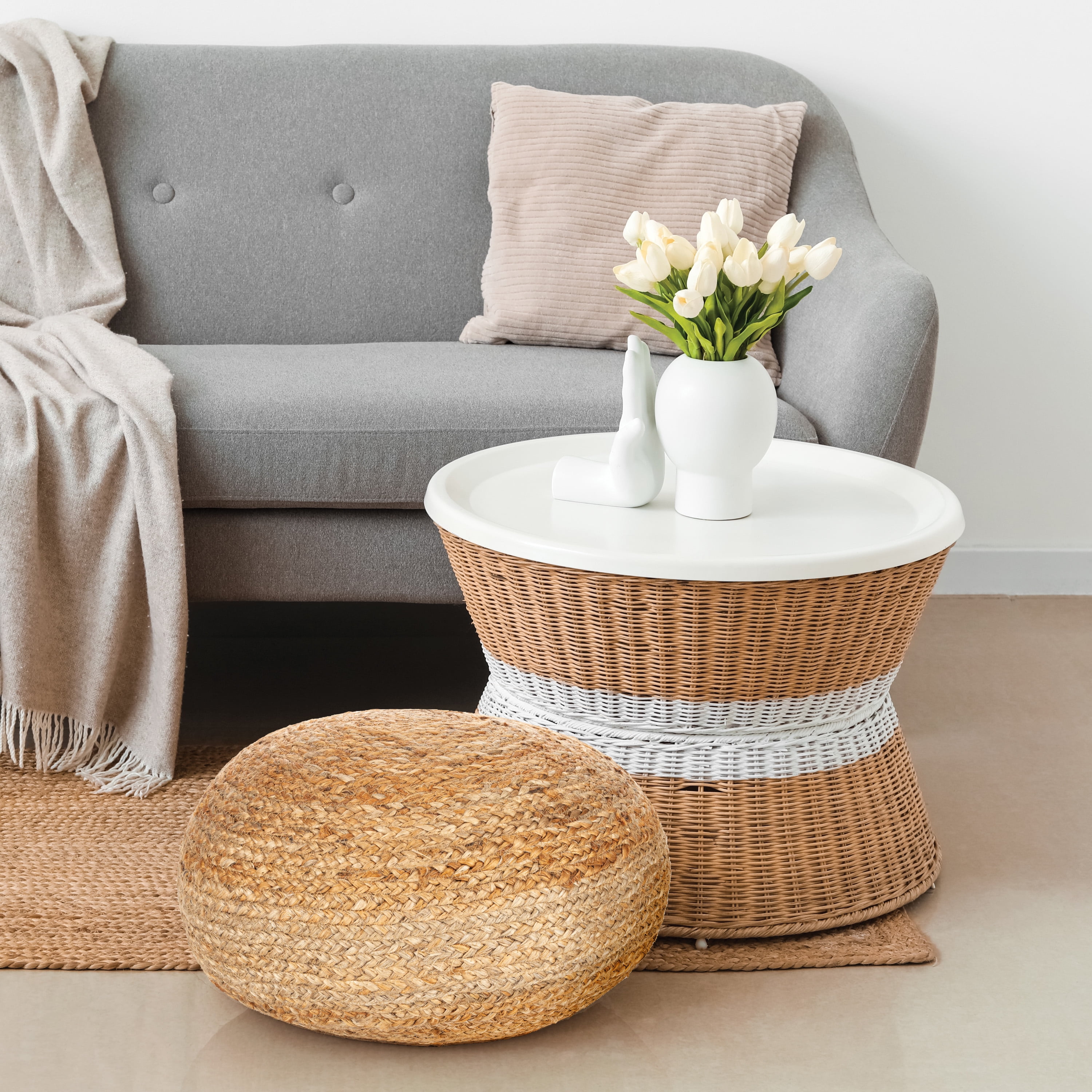 Decor Therapy Round Woven Natural Jute Ottoman Pouf 20" x 10" 1-pack