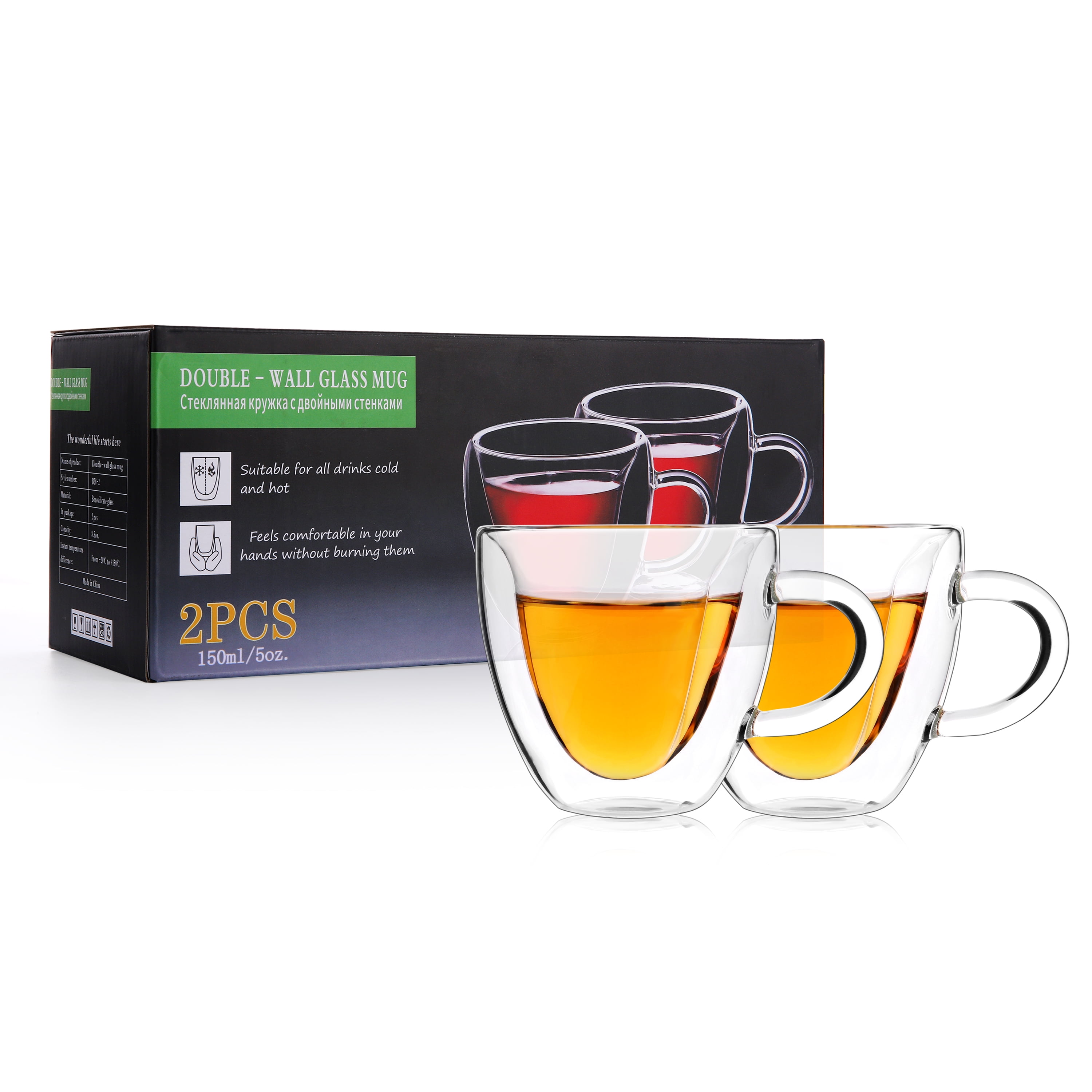 YUNCANG 5.5 oz Espresso Mugs (Set of 2), Double Wall Glass Coffee Cups with  Handle Insulated Glasses Espresso Mugs