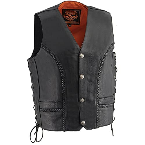 Milwaukee Leather ML1359 Men's Black Naked Leather Side Lace Motorcycle Rider Vest w/Buffalo Nickel Snaps Closure - 48