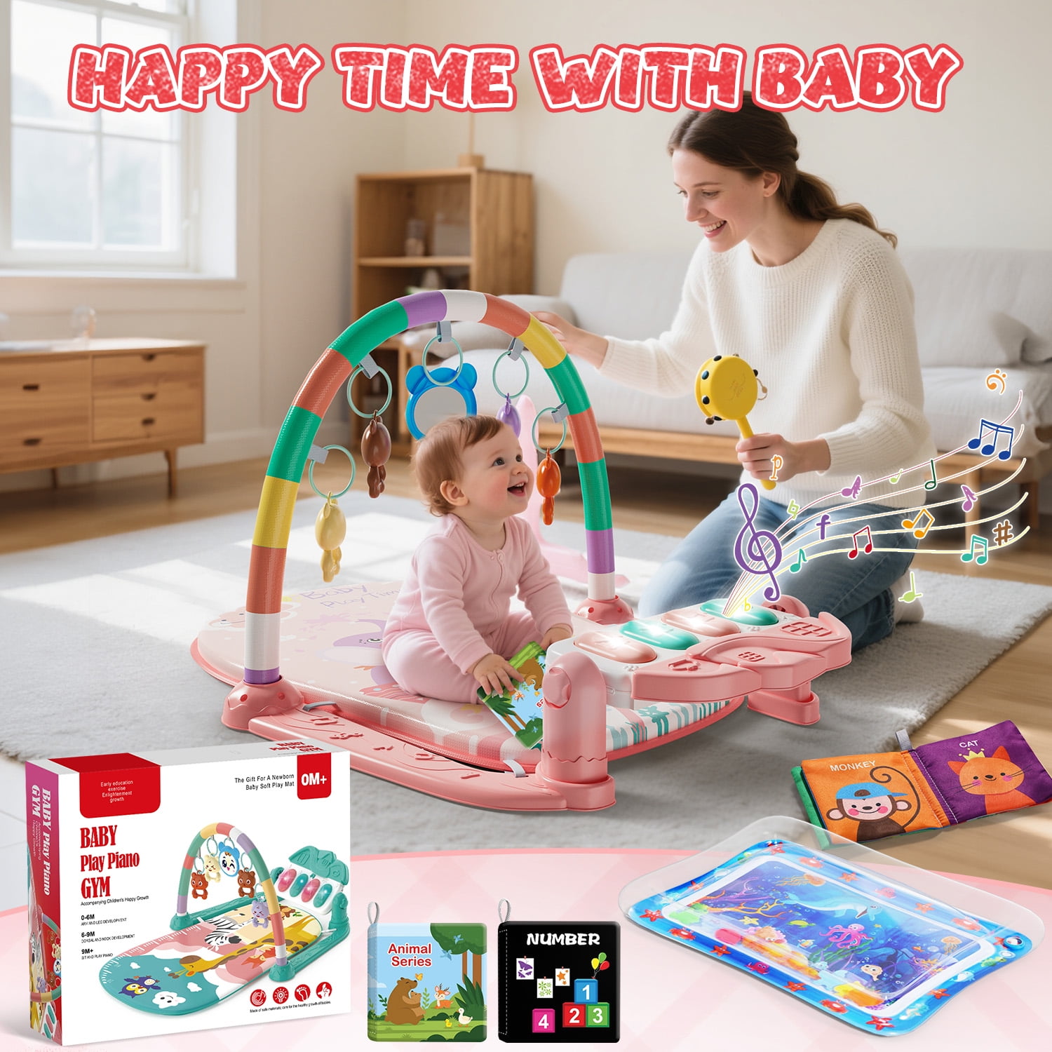 WonderStone 2-in-1 Baby Gym Playmat, Tummy Time Water Mat with 2 Cloth Books and 5 Infant Sensory Baby Toys & Play Piano, Newborn Baby Gift for Boys & Girls 0–24 Months (Pink)