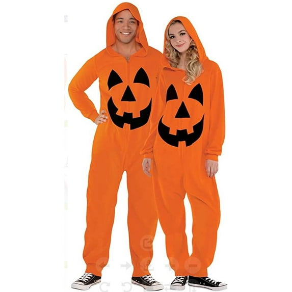 Halloween Couple Jumpsuit Pajamas Print Long Sleeve Zip Hooded Romper Sleepwear for Women Men