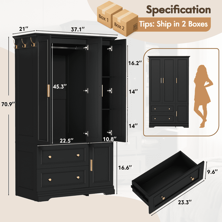 Lacoo Armoire Wardrobe with 3 Doors, 2 Drawers & Hanging Rod, Freestanding Closet Cabinet with Side Hooks for Bedroom, Black