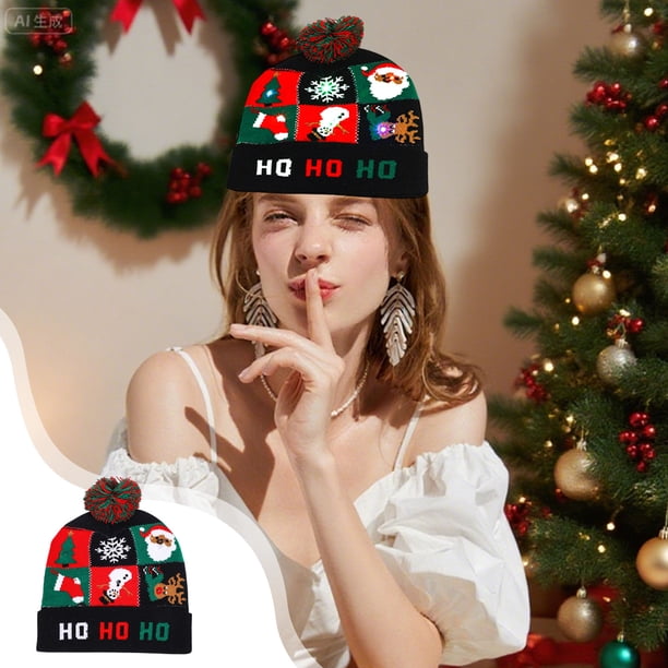 Gorro Navideño de Punto con Luces Led y Pompón de Papá Noel | Gorro de Lana Cálido para Invierno con Protección para Los Oídos | Gorro Multicolor con Luces Navideñas para Regalar En Fiestas Navideñas