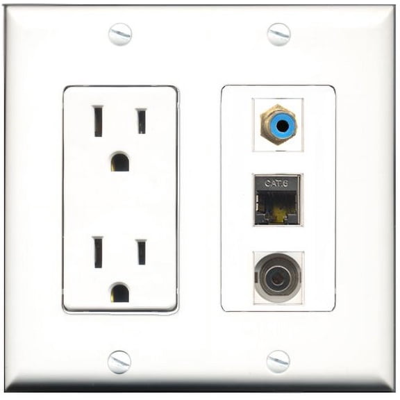 RiteAV - 15 Amp Power Outlet 1 Port RCA Blue 1 Port Shielded Cat6 Ethernet Ethernet 1 Port 3.5mm Decorative Wall Plate