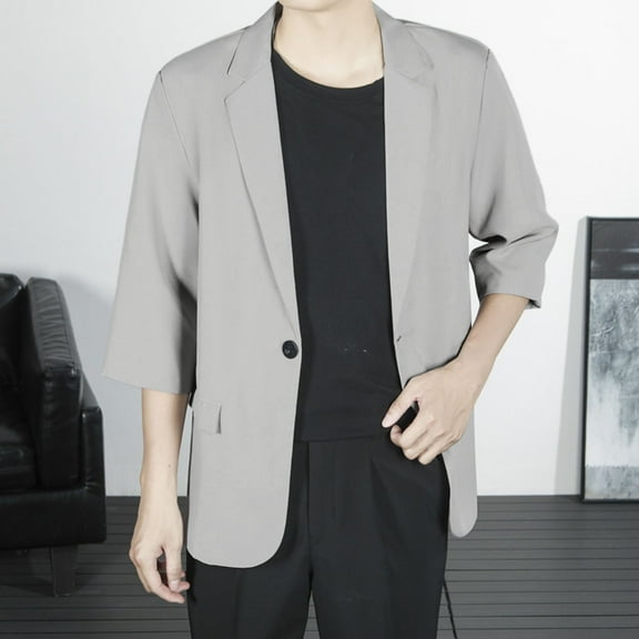 hlysgo Men's Blazers Business Casual Solid Color 3/4 Sleeve Blazer Jackets for Wedding Party Dressy One Button Notch Lapel Sport Jacket Gray XXXL