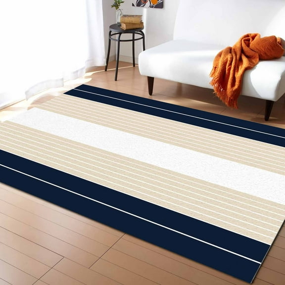Area Rugs Indoor Non-Slip Rectangle Rug 2x3 Ft Navy Blue Khaki Stripe Gradient Line Geometric Simple Rug Rubber Backing Floor Mats Non Shedding Home Decor Carpet for Entryway Living Room
