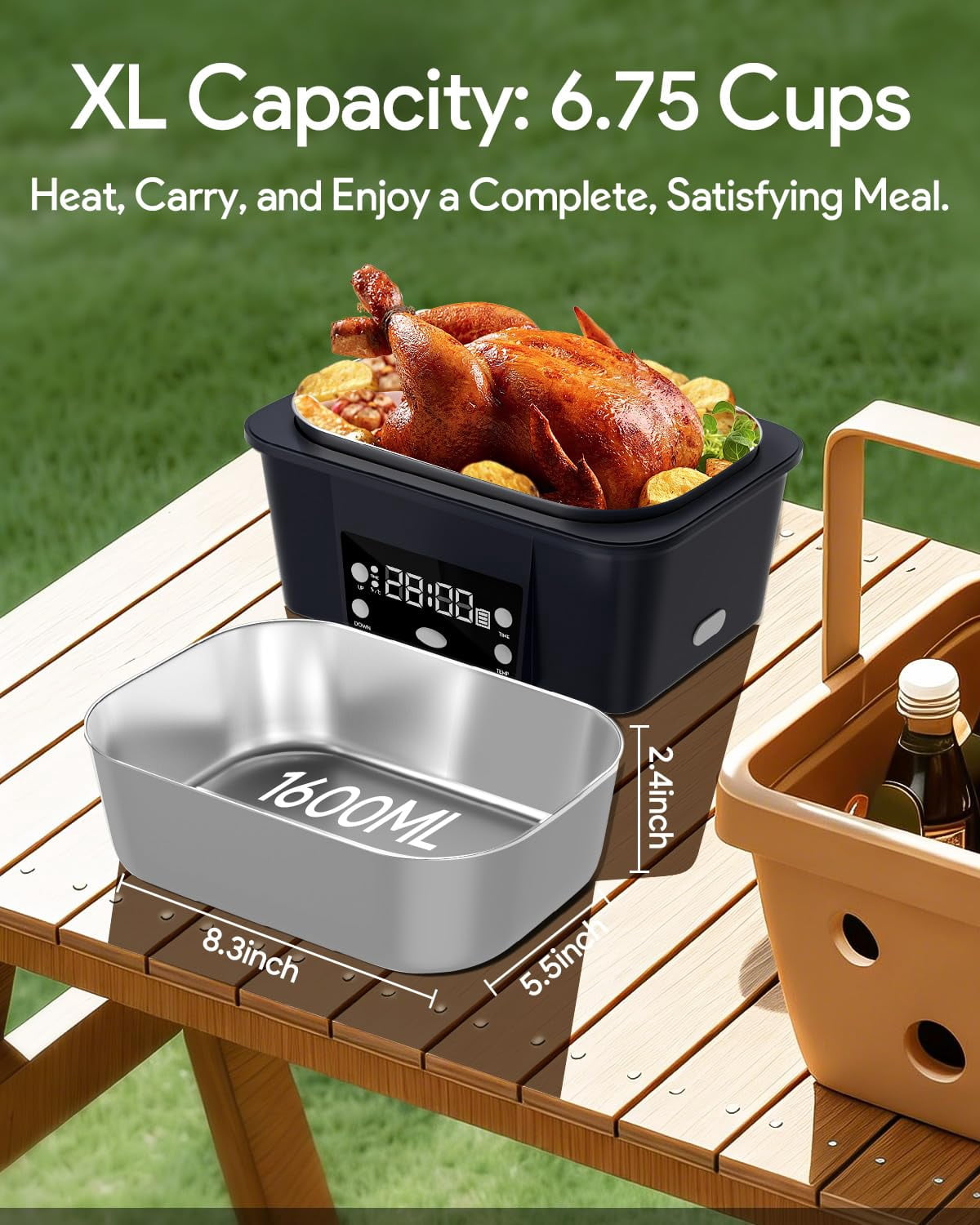 WORKHAW Electric Lunch Box, 6.75 Cup Automatic Food Warmer (212°F), Rechargeable Portable Heated Meal Container for Office, Travel, Outdoor (Dark Blue)