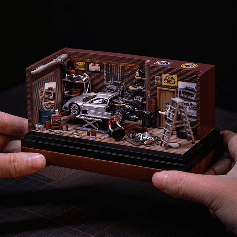 1/64 Scale Auto Repair Garage Diorama with LED Lighting, Miniature 1/64 Scale Auto Repair Garage Diorama with LED Lighting, Miniature