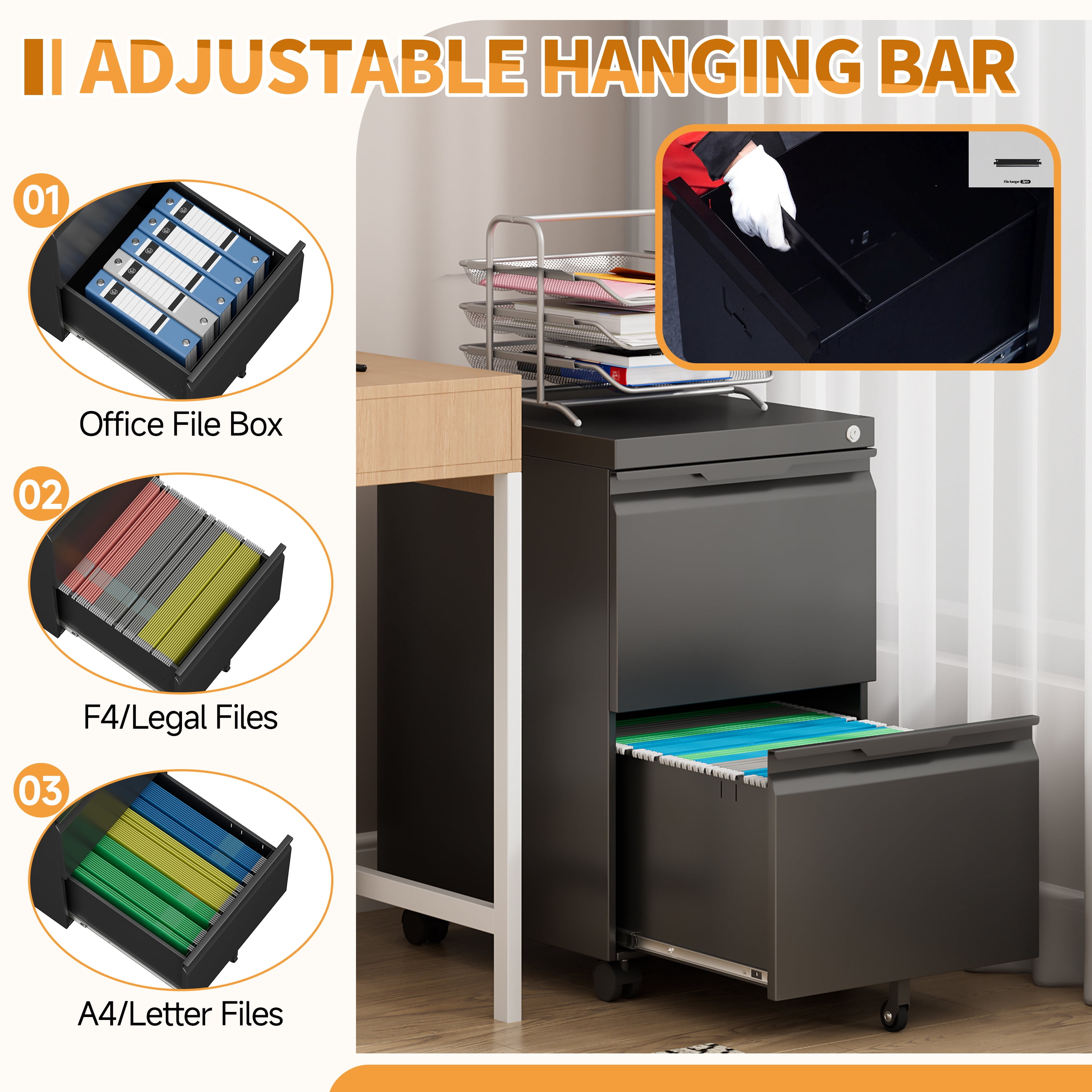 2 Drawer Metal File Cabinet with Lock, Small Filing Cabinets for Home Office,Under Desk Cabinet on Wheels for Folders/Legal/Letter/A4 Files, Assembly Required (Black)