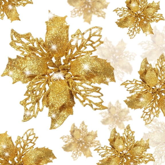 XEAZON 16 Pcs Christmas Glitter Flower, 6.3 inch Christmas Glitter Poinsettia Flowers, Poinsettia Flowers Tree Ornaments, Festival Xmas Decor for Wedding Christmas Party Home Decoration (Gold)