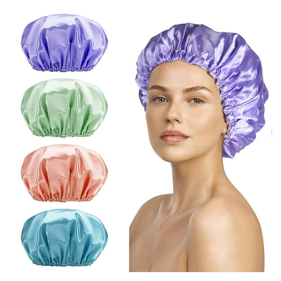 Large Shower Cap 4 Pack, Double Waterproof Hair Cap for Long Hair, Reusable Soft Bath Cap, Washable Shower Caps Design for Long Curly Hair Women and Girls