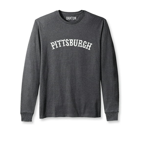 Daxton Retro Pittsburgh Arch Font Long Sleeves TShirt Soft Med Weight Cotton, Heather Charcoal Tee White Font, 3XL
