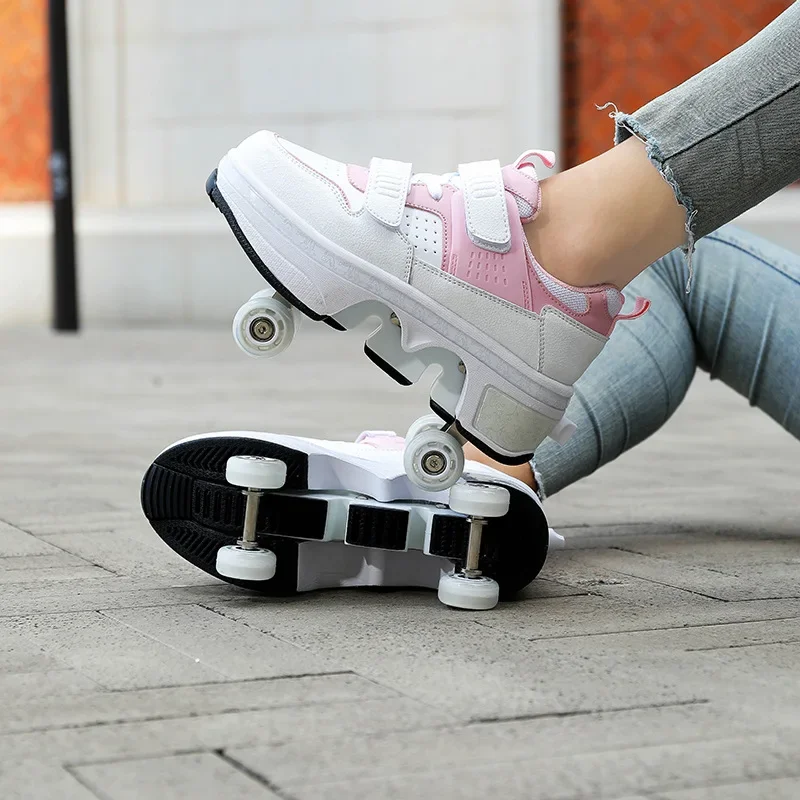 Chaussures à Roulettes HUSKSWARE Enfants - Réglables, LED, 4 Roues Amovibles, Noir/Blanc/Rose