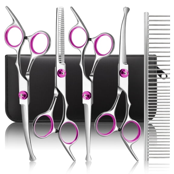 GPED Professional Dog Grooming Scissors Kit, 6 in 1 Dog Grooming Scissors with Safety Round Tips, Heavy-duty & 4CR Stainless Steel, Sharp & Study Cat Grooming Shears Kit for Dogs Cats(Pink)