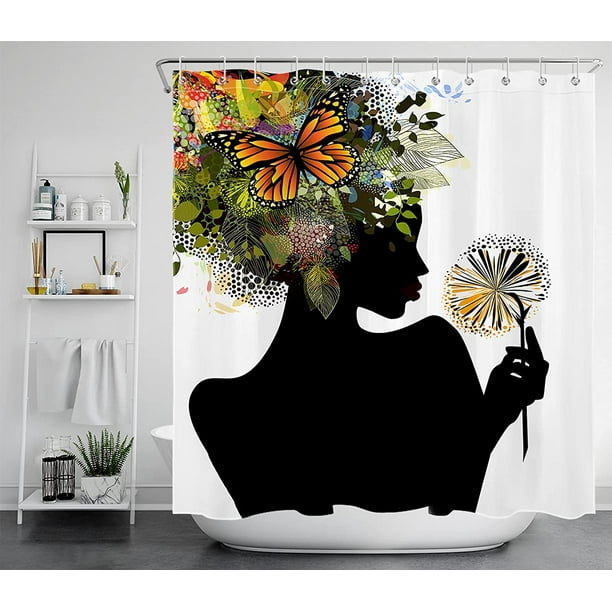 African American Black Girl Shower Curtains Futuristic Design Nature Harmony Woman With Erfly Afro Funny Art Curtain For Girls Bathroom Decor 72x72 Inch Waterproof Polyester Fabric Com Girl Shower Curtains Futuristic Design, Shower Curtains Black Art