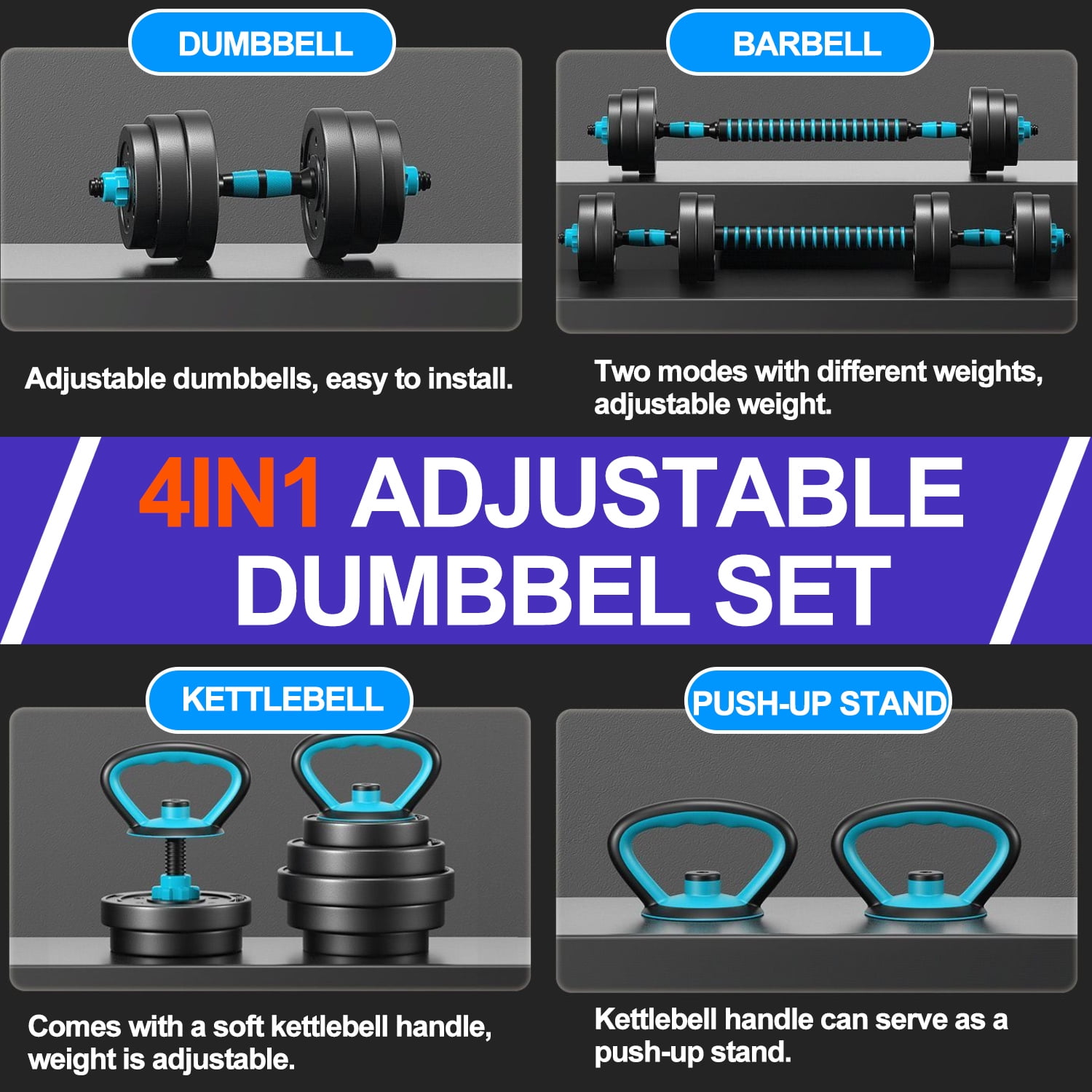 Adjustable Dumbbells, 45LBS 4-in-1 Portable Changeable Dumbbell, Kettlebells, Push up Stand and Barbell Set with Adjustable Weights Dumbbells