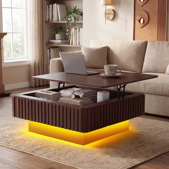 Haverchair Fluted Lift Top Coffee Table with Charging Station, Mid Century Modern Coffee Table with Hidden Storage and LED Light, Wood Dining Tables with Lifting Top for Living Room Apartment Office