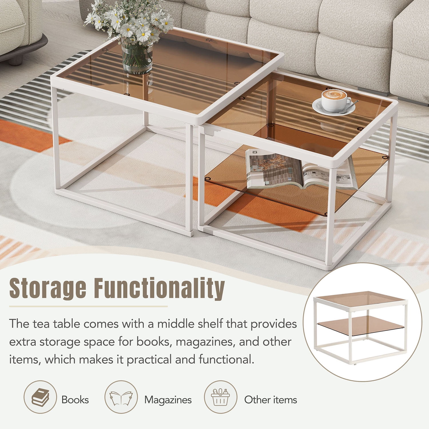 Kadyn Nested Coffee Table Set, Tea Table with Metal Frame, Tempered Glass Sofa Center Table, White