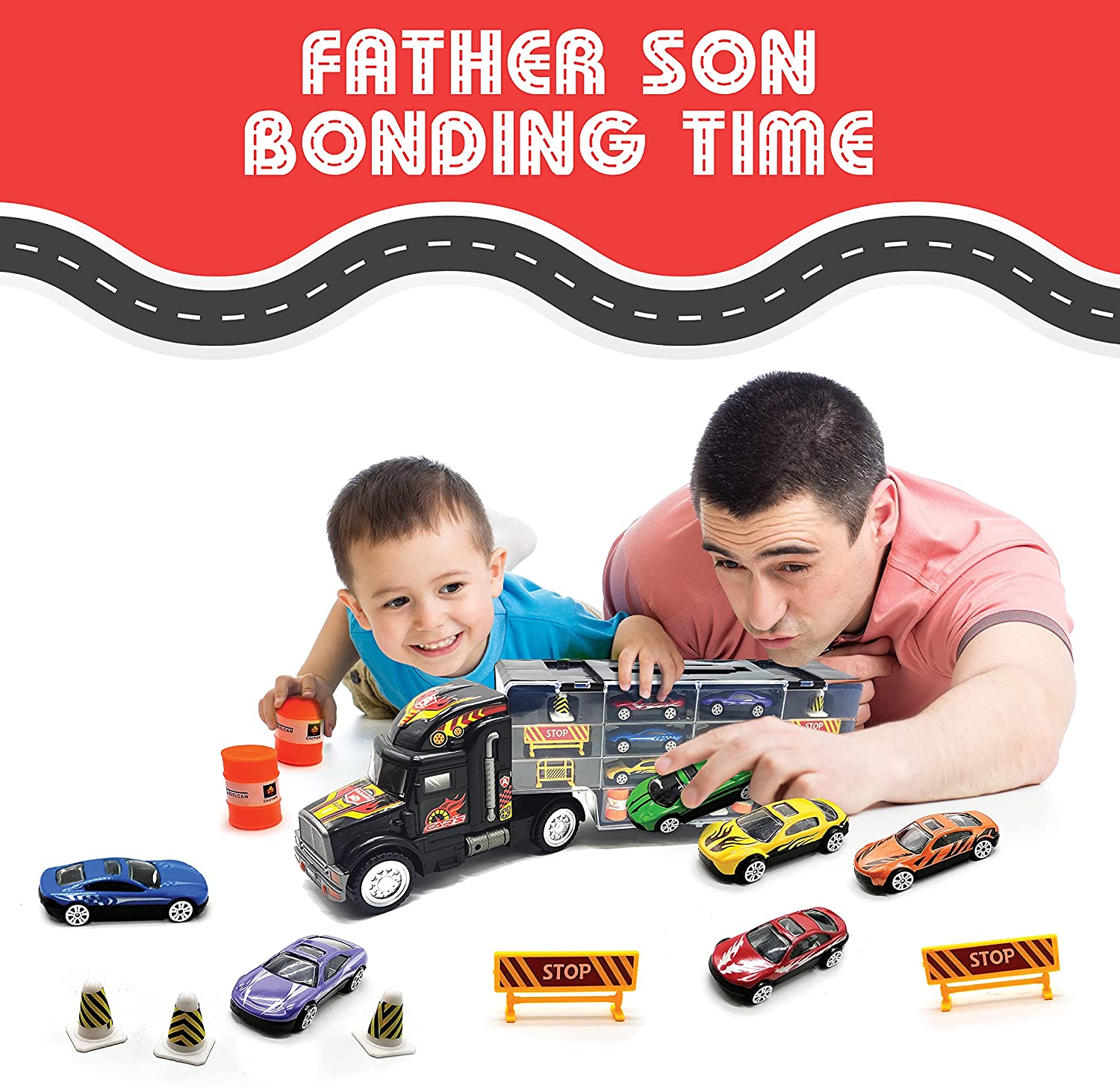 Toy Truck Transport Car Carrier Toy for Boys and Girls Age 3 - 10 yrs Old - Hauler Truck Includes 12 Toy Cars and Accessories - Car Truck Fits 28 Car Slots - Ideal Gift for Kids