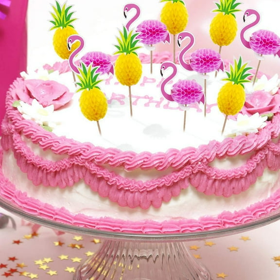 MERRYHAPY 19Pcs Assorted Color Flamingo and Pineapple Cake Topper for Lively Tropical Party Cakes