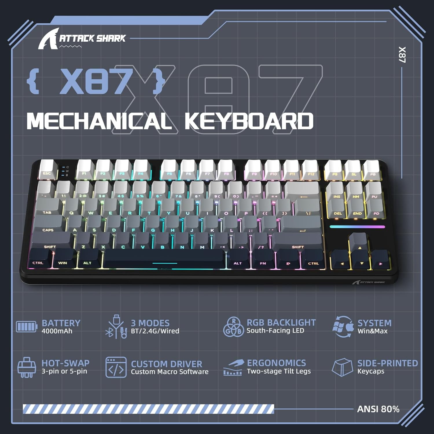 ATTACK SHARK X87 80% Wireless Mechanical Keyboard, BT5.0/2.4G/USB-C Hot-Swap Gasket Gaming Keyboard,RGB Backlit, 4000mAh,Pre-lubed Linear Switch, Side Engraved Gradient PBT Keycap for PC/MAC