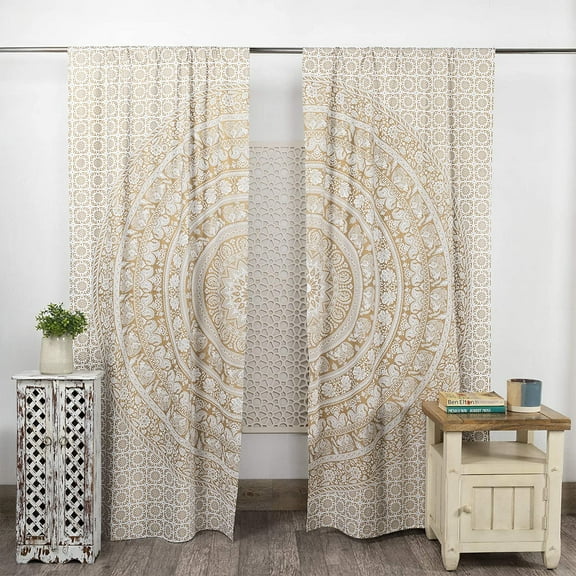 Pop Popular Handicrafts Mandala Panels Set of 2 Indian Hippie Bohemian Beautiful Elephant Curtain White Gold