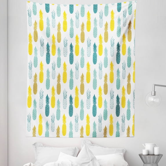 Pineapple Tapestry, Tropical Pattern of Exotic Fruit Silhouettes on a Plain Background, Fabric Wall Hanging Decor for Bedroom Living Room Dorm, 5 Sizes, White Multicolor, by Ambesonne