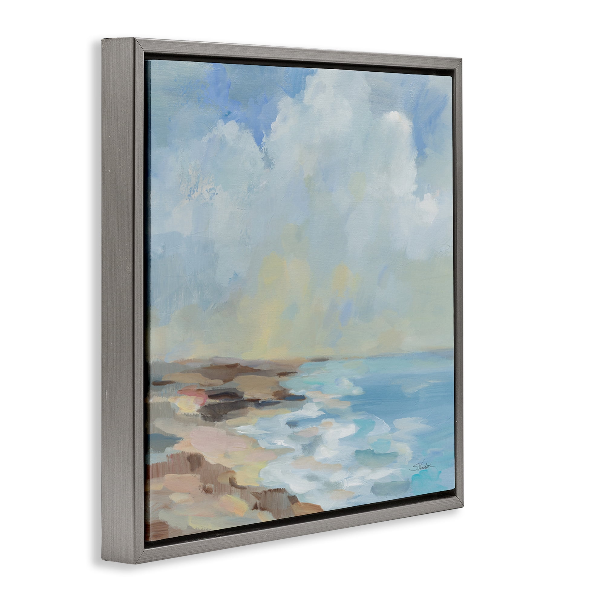 Stupell Industries By The Beach Shore Nautical & Beach Painting Gray Floater Framed Canvas Art Print Wall Art, 18 x 18