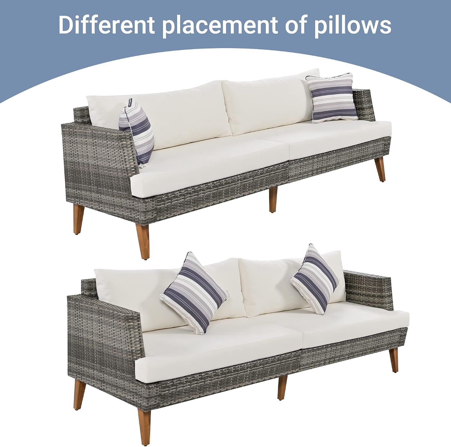 6-Piece All Weather PE Wicker Patio Sofa Set, Outdoor Rattan Seating with Double Cushions, Wood Table Top & Legs, Beige & Gray