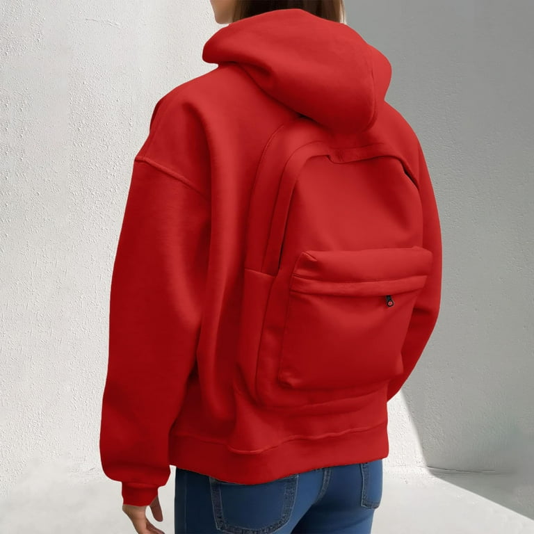 Hiking Commute Hoodie Unisex Creative Hoodie With Backpack - Zip Up Oversized Sweatshirt Jacket With Built-in Bag Oversized Pocket Jacket