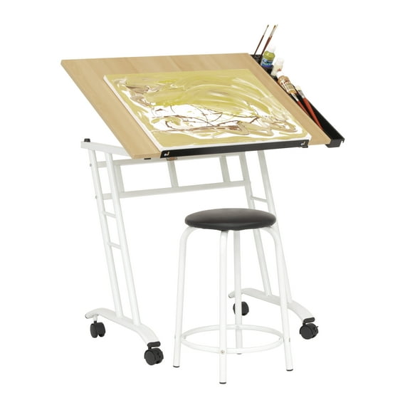 Studio Designs Studio Craft Rolling Drawing Drafting Craft Table with Stool Set, White/ Maple