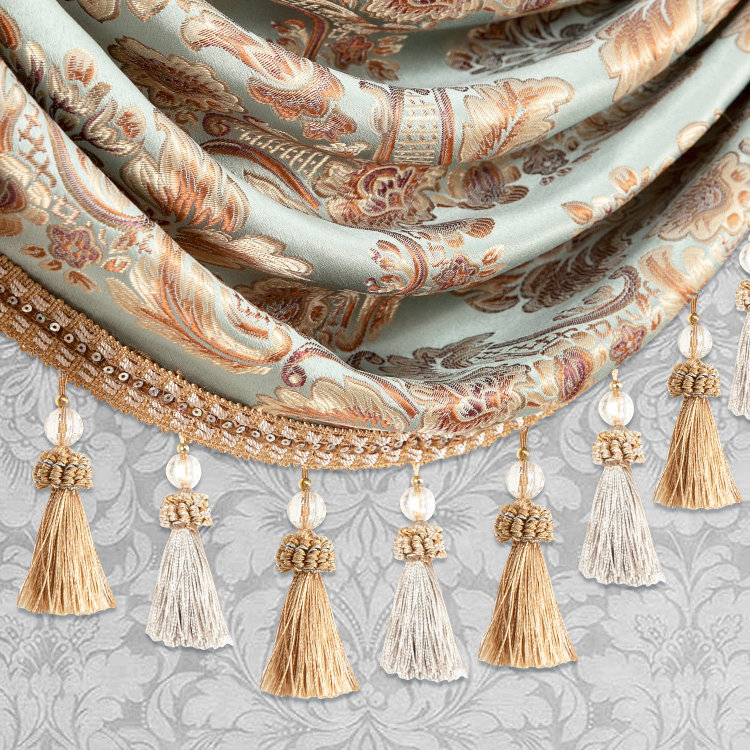 VOGOL Sky Blue Damask Valance, Baroque Swag Curtains with Beaded Trim, 59x43 Inches for Bedroom