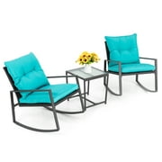 Walsunny 3 Pieces Blue Outdoor Modern Rocking Rattan Chair
