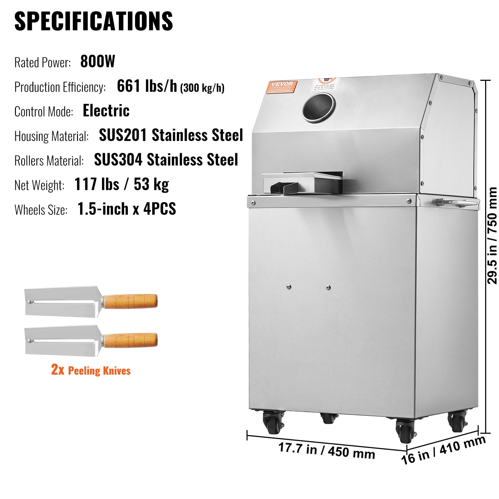 KFFKFF 800W Electric Sugar Cane Juicer 661LBS/H Output 3 Rollers 2.4" Large Inlet