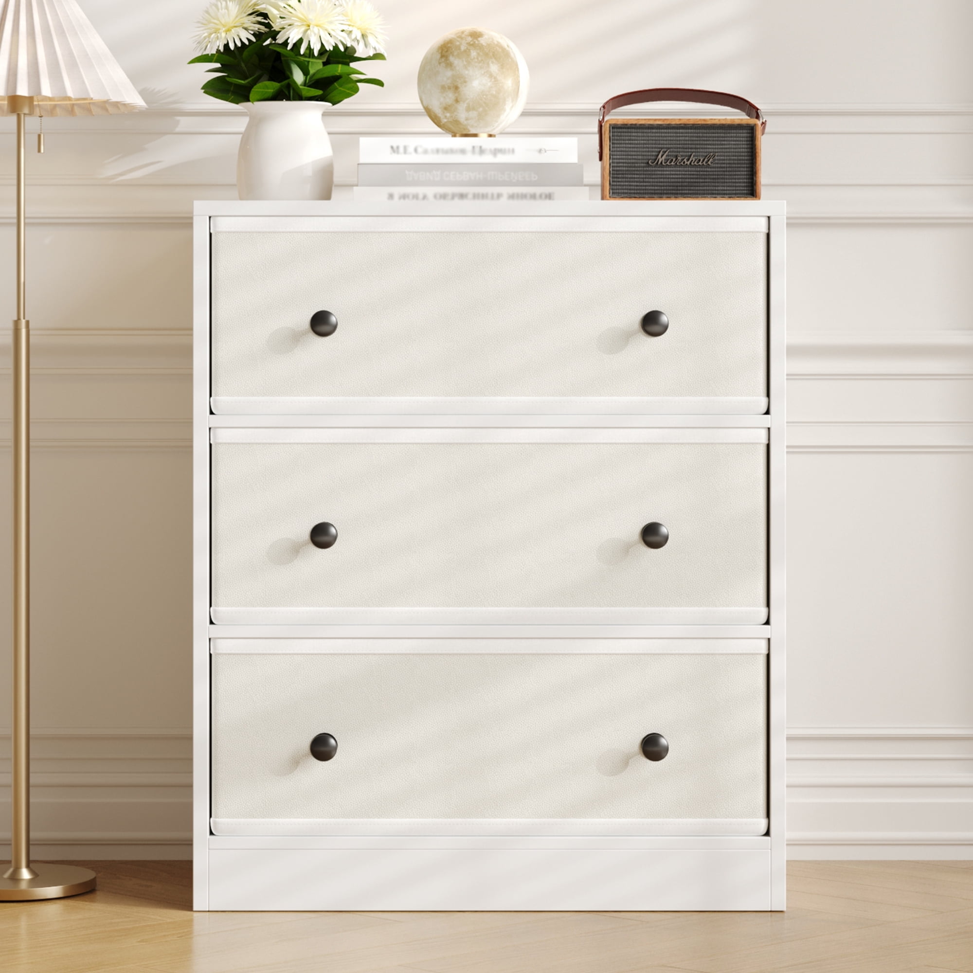 DIYART 3 Drawers Dresser for Bedroom, Modern Storage Cabinet with PU & Non-Woven Fabric Drawers, Small Fabric Dresser for Bedroom and Living Room, White