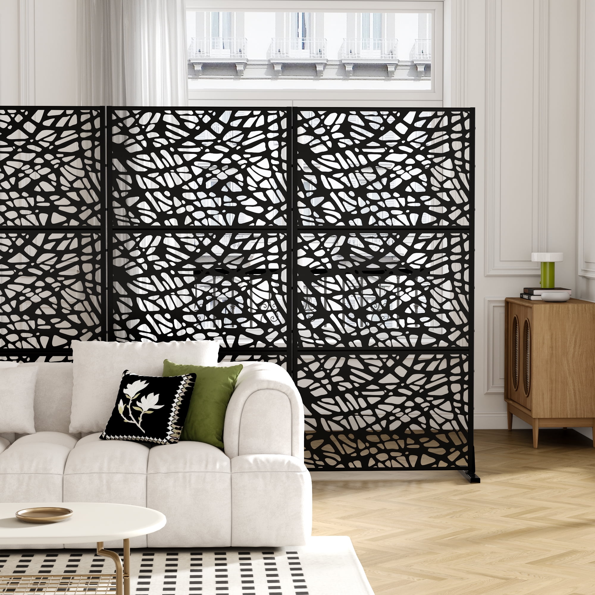MAYEERTY 72*36" Outdoor Black Metal Freestanding Privacy Panel Screen, Irregular Hollow - Out Pattern