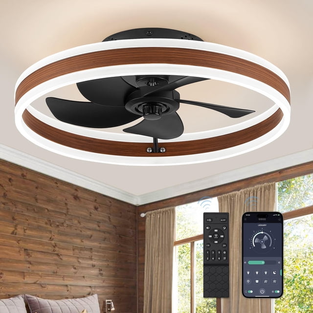 Ventilador de techo LEDIARY, 50 cm, LED, mando a distancia, color nogal, 110 V