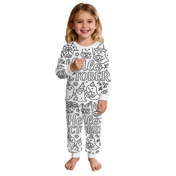 Yuncity Girls Pajamas Halloween Fall Crew Neck Long Pants Pajama Set Cozy Loungewear Soft Nightwear Casual Sleepwear Size 2-3 Years White